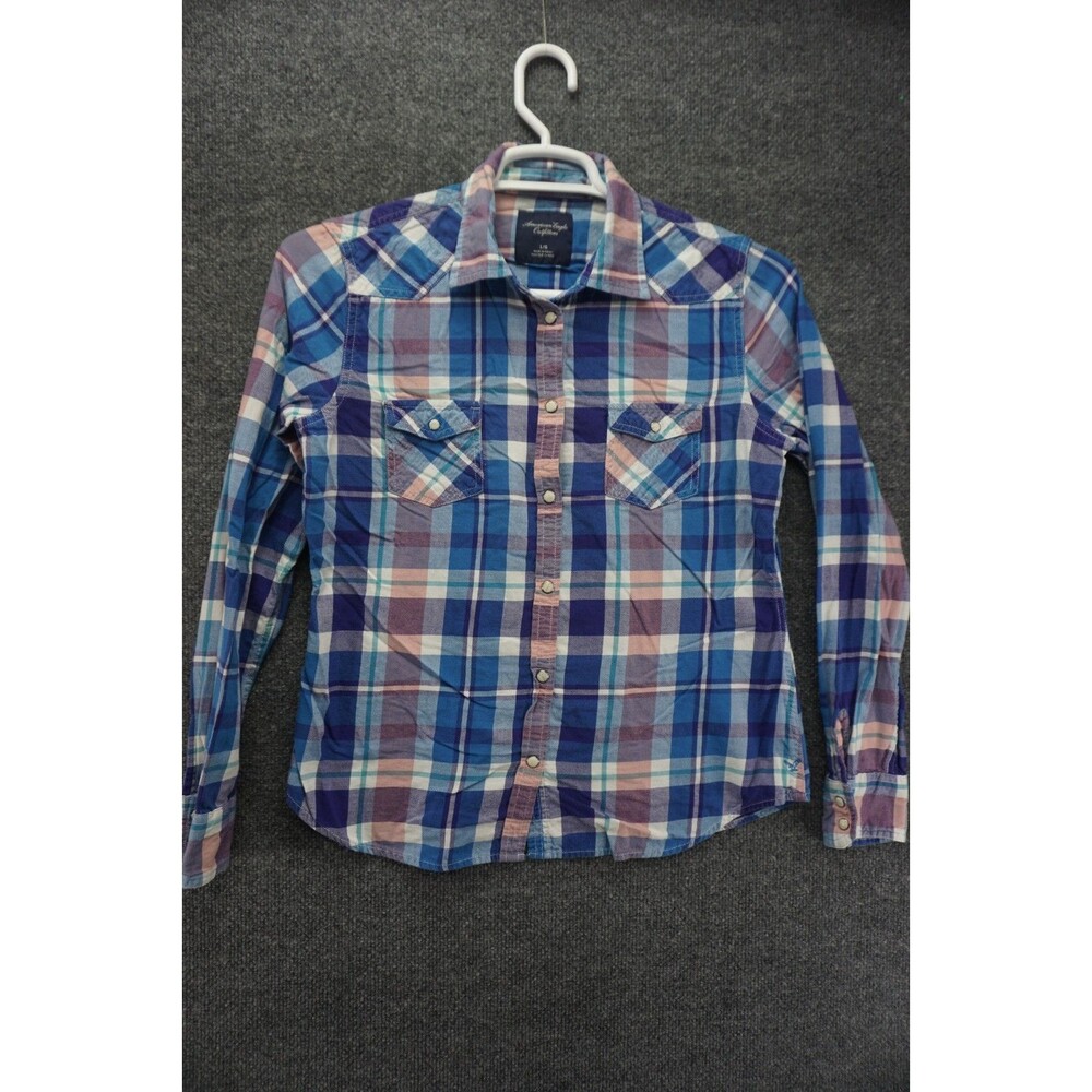American Eagle Western Plaid Pearl Snap Shirt Women L Blue Purple Pink Flannel